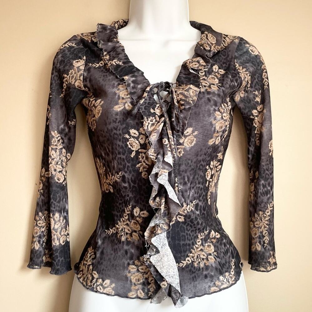 Mesh Ruffle Front 3/4 Sleeve Unbranded Stretch Y2K Top Size S